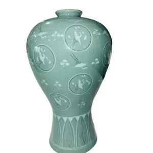 Crackle koreanische Celadon Meiping Porzellan Pflaume Vasenkrane im Flug Vintage groß - Bild 1 von 9