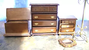 Wooden Dollhouse Furniture Lot Good detail Dressers ,Chest & Brass Coat Rack - Picture 1 of 10