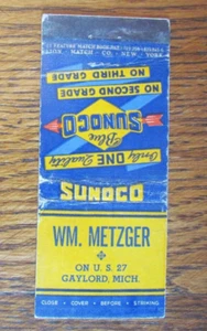 W. METZGER SUNOCO TANKSTELLE STREICHHOLZBUCHHÜLLE: GAYLORD, MICHIGAN 1942 STREICHHOLZHÜLLE - Bild 1 von 3