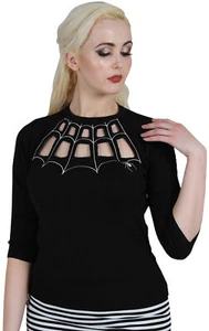 Voodoo Vixen MORTICIA Spider Web RED ARAÑA Cut-Out JERSEY Sweater Rockabilly - Imagen 1 de 3