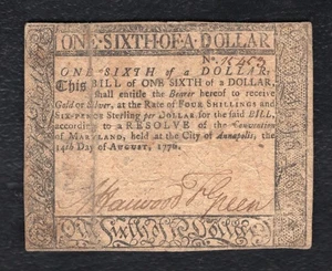 AUGUST 14, 1776 $1/6 ONE SIXTH DOLLAR MARYLAND COLONIAL CURRENCY NOTE - Picture 1 of 2