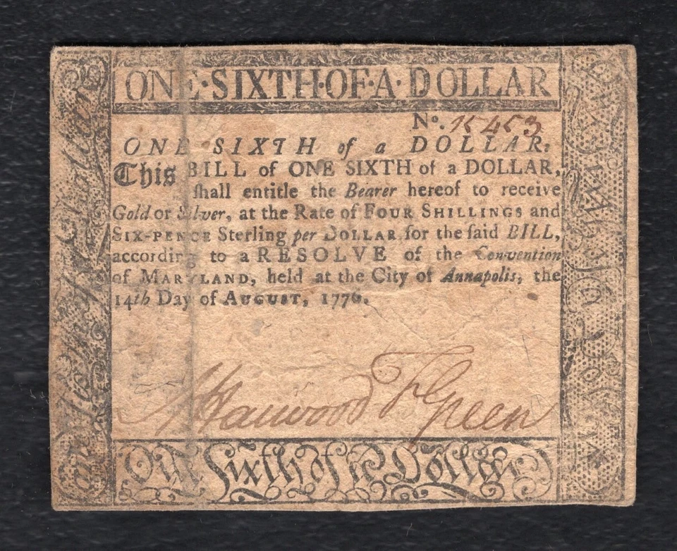 AUGUST 14, 1776 $1/6 ONE SIXTH DOLLAR MARYLAND COLONIAL CURRENCY NOTE - Image 1 of 2