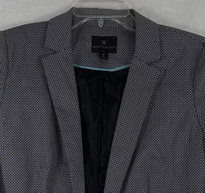 Blazer Worthington 6 Negro Blanco Chaqueta Frente Abierto Estampado Geométrico Elastizado Foto 1 de 4