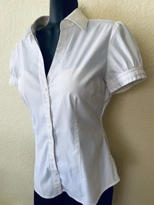 Women Express Button-Up Shirt SMALL 60% Cotton Short Balloon Sleeves White - Picture 1 of 13