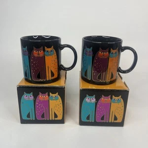 2 VINTAGE Laurel Burch Siamese Cats Mug Black Teal Orange Purple In Original Box - Picture 1 of 4