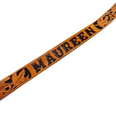 Vintage Western Name Belt 32 Maureen Hand Tooled Leaves Brown Leather No Buckle - Image 1 of 4