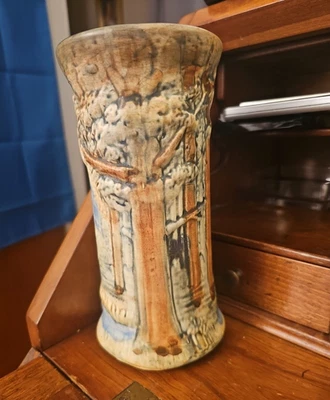 Vintage  WELLER Art Pottery 8" Flared Vase FOREST Path Design Rudolph Lorber - Image 1 of 4