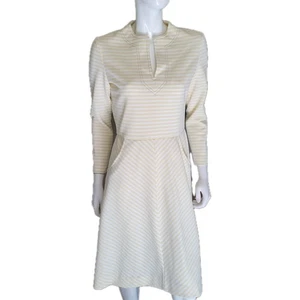 Vestido Acampanado De Colección Ajuste M Amarillo Mantequilla Marfil Rayas Bolsillos Elastizado EE. UU. Retro Cómodo - Imagen 1 de 17