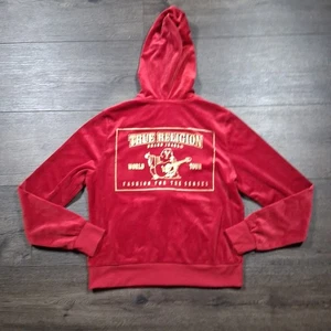 True Religion Hoodie Women’s Size Medium Velour Full Zip Red Gold - Picture 1 of 11