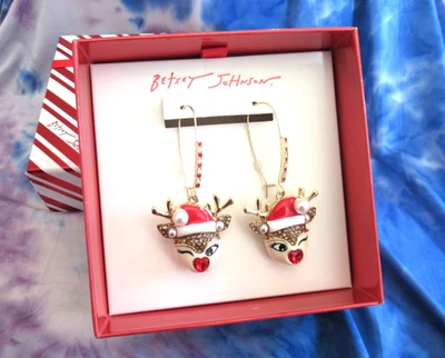 BETSEY JOHNSON  Authentic  Winking Reindeer Shepherd Hook Earrings NIB-2025 - Image 1 of 4