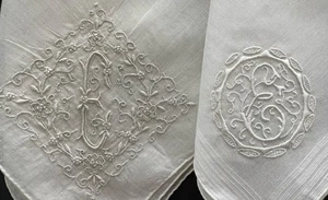A+ 2 Vintage Bright White Hankies Madeira Style Hand Embroidered Monogram E - Picture 1 of 10