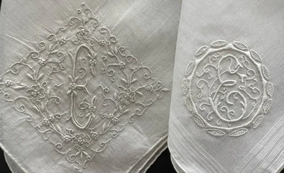 A+ 2 Vintage Bright White Hankies Madeira Style Hand Embroidered Monogram E - Image 1 of 4