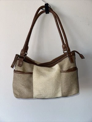 Bolso de Mano Tejido de Colección Borde Marrón Plateado Herrajes Neutro, Beige Tostado Hombro Claro Foto 1 de 4