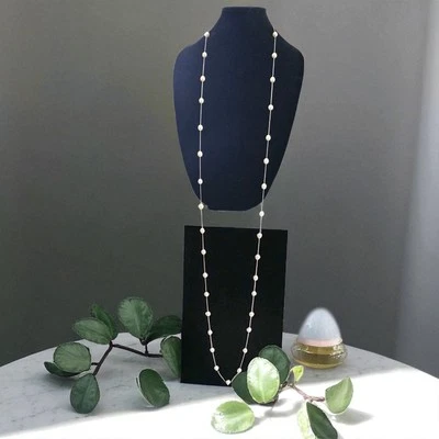 White Cultured Pearl Sautoir Necklace 925 Sterling Clasp Chain Long 76” 8x12mm - Image 1 of 4