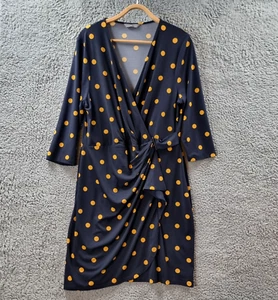 Jacqui E Womens Wrap Dress Size L Navy Blue Yellow Spot Stretch Knit 3/4 Sleeve - Picture 1 of 13