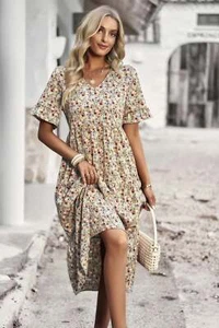 Vestido Boho Floral Volantes Dobladillo Cuello en V Manga Corta - Imagen 1 de 28
