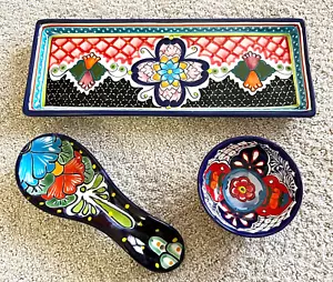 Hernandez Pue Pottery Hand Painted Tray Spoon Rest Footed Bowl Signed Mexico 3x