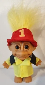 Vtg 1990's Firefighter Russ Troll Doll Yellow Hair Red Helmet Yellow Fire Jacket - Bild 1 von 5