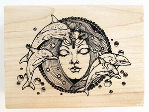 Stamp Oasis Ocean Goddess Rubber Stamp Large New Stars Shells Dolphins Greek - Picture 1 of 3
