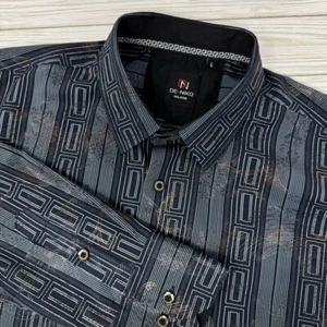 De-Niko Milano Herren Large blau Print Langarm Button Down Anzughemd künstlerisch - Bild 1 von 8