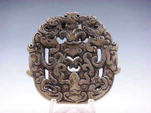 Old Nephrite Jade Stone 2-Side Carved Pendant 2 Phoenix & Monster Head #03182303 - Imagen 1 de 6