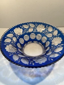 Beautiful antique crystal bohemian cut blue centerpiece bowl cut glass flowers  - Picture 1 of 7