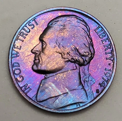 1974 S Jefferson Nickel Gem Proof Uniquely Rainbow 🌈 Toned Cover