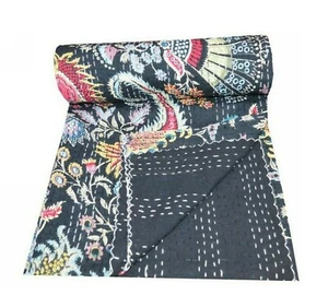 Indian Handmade Paisley Kantha Quilt Throw Reversible Sofa Blanket Cotton Quilts - Picture 1 of 5