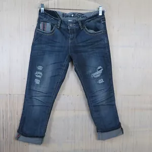 Vanilla Star Womens SZ 7 Blue Cuffed Stretch Distressed Denim Capri Jeans - Picture 1 of 12