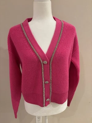 Crystal Embellished Cardigan in hot pink, with snap buttons 70% acrylic 30% wool - Image 1 of 4
