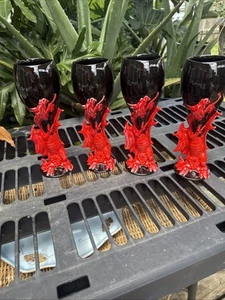 SET 4 Ceramic Black Glass Goblets Red DRAGONS 8.5” - Picture 1 of 16