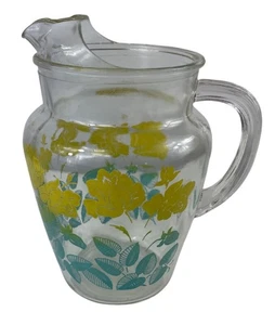 Vintage Federal Glas Krug gelb Blumen grüne Blätter Eislippe Ausgießer - Bild 1 von 12