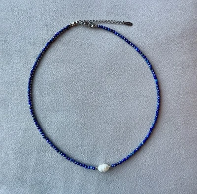 "Collar gargantilla facetada de perlas de agua dulce de lapislázuli acero inoxidable de 16,75""" Foto 1 de 4