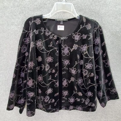 Briggs New York Women Sweater 1X Black Floral Print Cardigan Velvet Metallic - Image 1 of 4