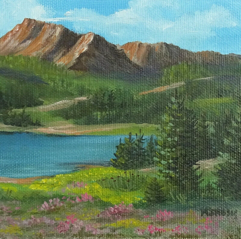Vintage Miniature Signed Oil Painting Western Landscape O/C Mountains Lake Trees - Image 1 of 4