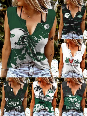 New York Jets Womens V-neck T-shirts Ring Hole Sleeveless Tank Tops Summer Vests Cover