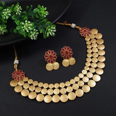 Conjunto de gargantilla collar templo chapado en oro joyería sur de Bollywood indio Foto 1 de 3