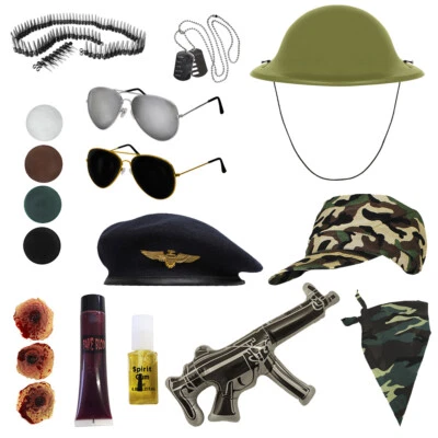 ILOVEFANCYDRESS ARMY ACCESSORIES CHOOSE SOLDIER WAR UNIFORM KHAKI CAMO COSTUME WW2 VE DAY LOT