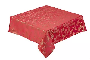 ROTE WEIHNACHTSTISCHDECKE, LÄUFER & SERVIETTEN, GEWEBTER JACQUARD BLATTGOLD PFLEGELEICHT - Bild 1 von 11