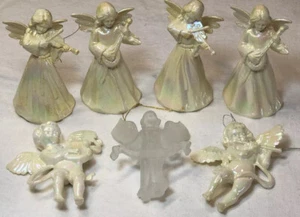 Vintage Christmas Set Of 7 Cherubs Angels Ivory Iridescent Figurines Ornaments - Picture 1 of 11