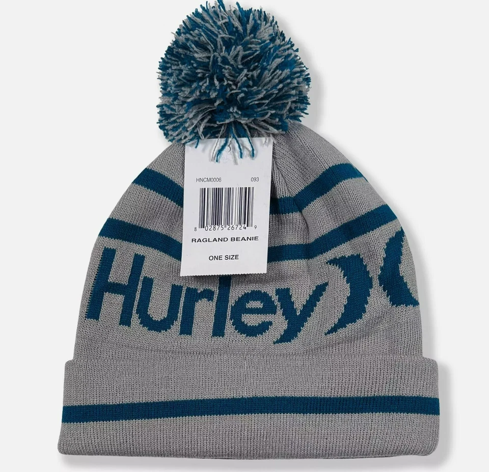 Hurley Ragland Beanie Pom Light Gray Cuffed Winter Hat Acrylic Snow Hiking