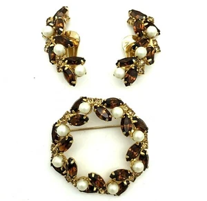 Topaz Rhinestone Pearl Brooch Clip On Ear Climber Earrings Set Vintage - Picture 1 of 12