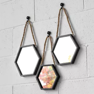 Set of 3 Small Hexagonal Metal Black Wall Mirrors Hanging Ropes Mixed Home Decor - Picture 1 of 4
