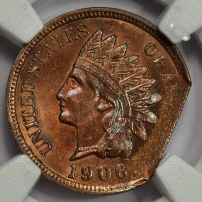 1906 NGC MS62 15% Straight Clip Indian Head Cent Mint Error Rare And Unique - Image 1 of 4