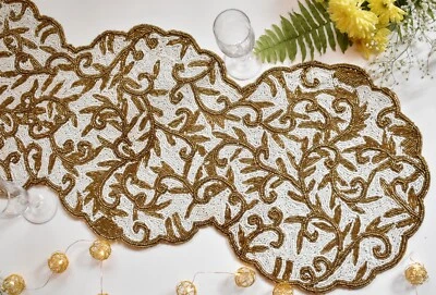 White Gold Beaded Table Runner Designer Christmas Decorative Table Topper 35x15 - Image 1 of 4