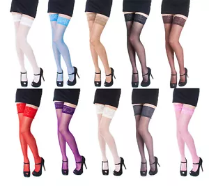 NEW Lace Top 20 Denier Sheer Hold Ups Stockings 17 Various Colours- Sizes S-XL - Picture 1 of 15