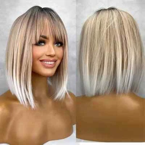 100% Human Hair Wigs with Bangs Two Tone Honey Blonde Icy Ends Lace Front Wig - Picture 1 of 8
