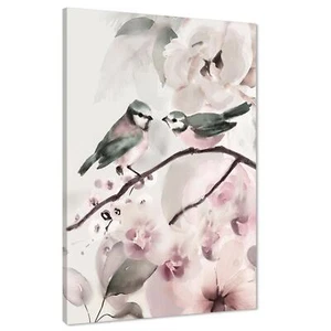Pink Grey Birds and Flowers Floral Canvas Art Prints - Picture 1 of 13