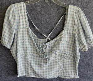 Derek Heart Crop Top Junior Large Blue White Check Cinch Short Sleeve Tie Back - Picture 1 of 14