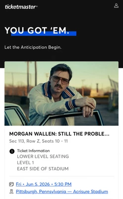 2 TICKETS TO MORGAN WALLEN: STILL THE PROBLEM TOUR PITTSBURG JUNE 5th - Image 1 of 2